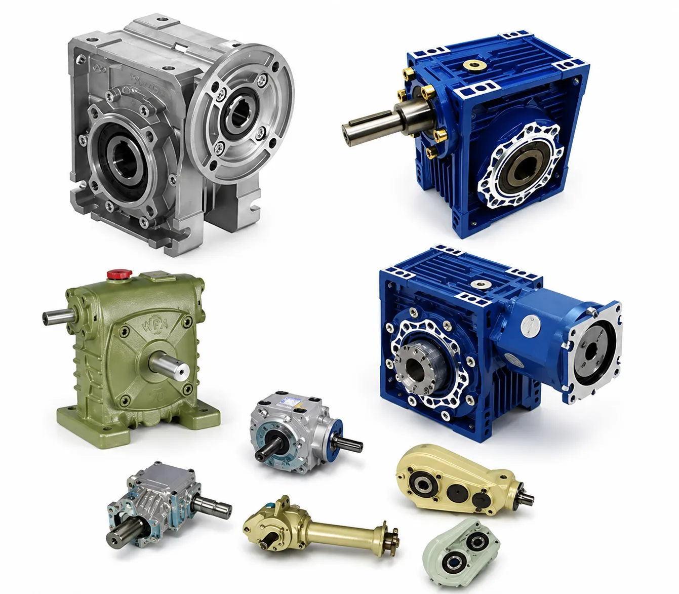 Major types of worm gear reducer including NMRV, WP, right-angle, hollow-shaft and helical-worm variants