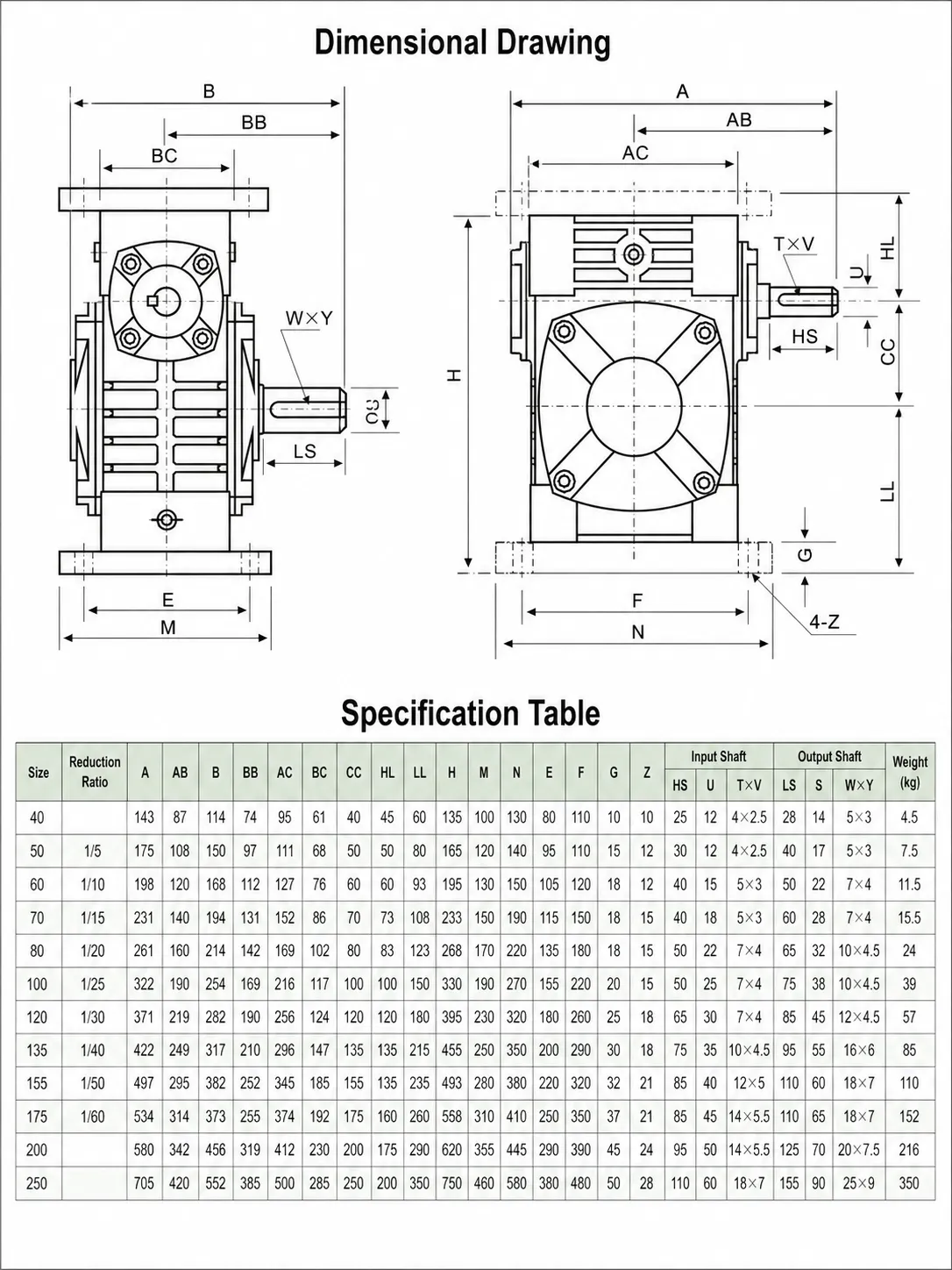 WPWA Worm Gearbox Dimension