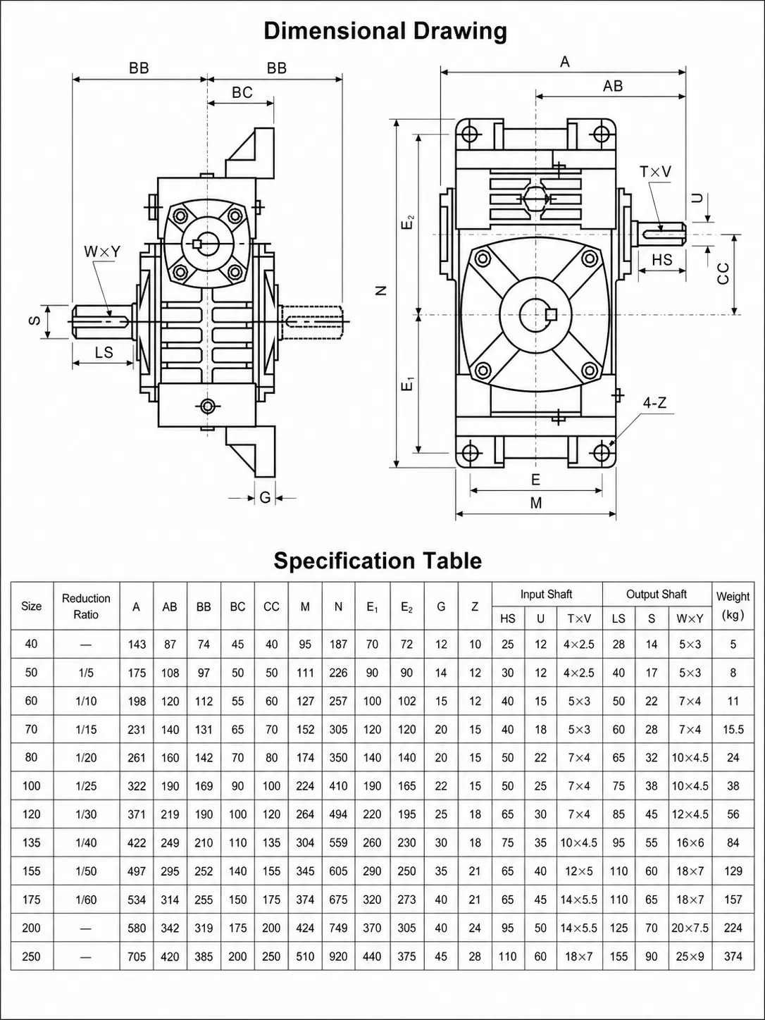 WPWO Worm Gearbox Dimension