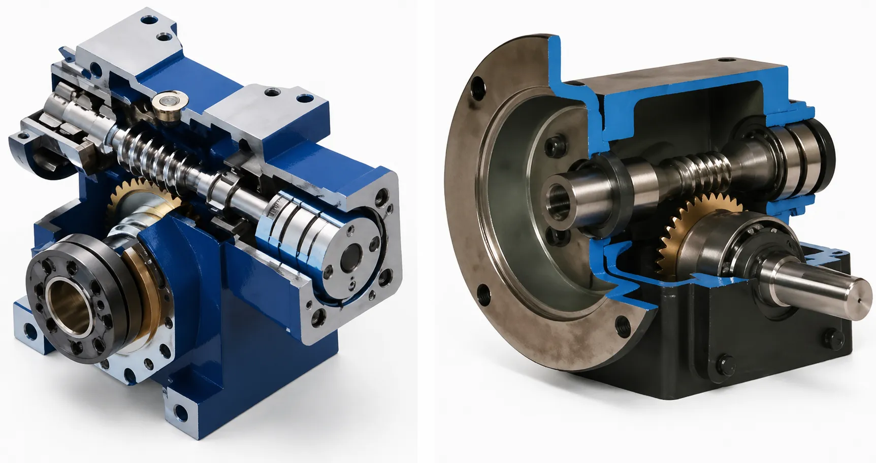 Worm gear reducer cutaway view showing internal mesh and shaft layout
